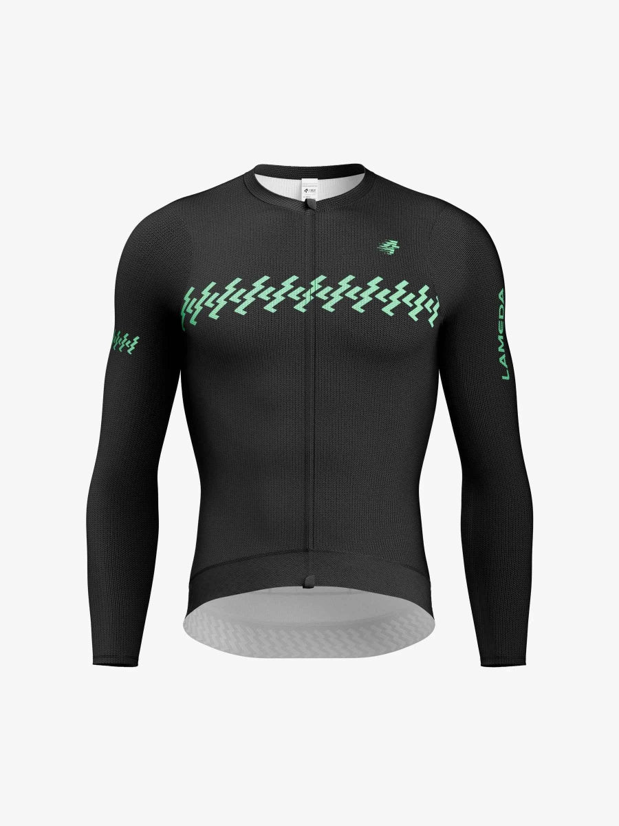 Svart LAMEDA verde herrars långärmad cykeltröja i bläckgrön med diskret grön sicksack och snabbtorkande tygdesign
