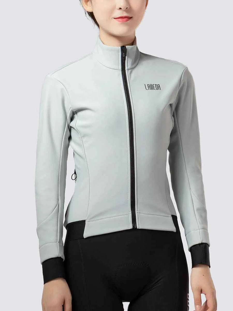 Ljusgrå LAMEDA whisper dragkedjad damcykeljacka med svart dragkedja och svarta muddar