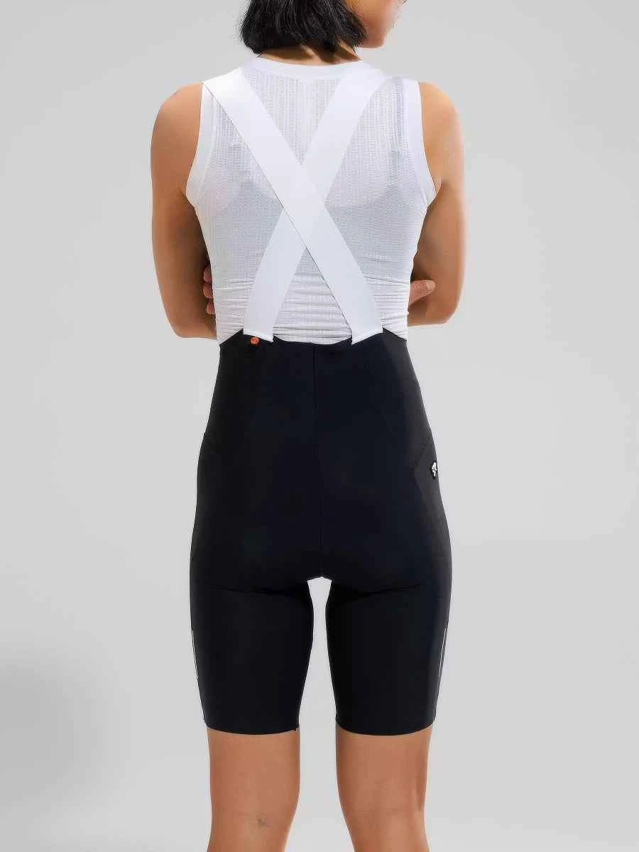 Damernas pro cykelbibshorts 2025sss520 svart med vita korsade rygghängband och elastisk gränssnittsstoppning för cykelkomfort
