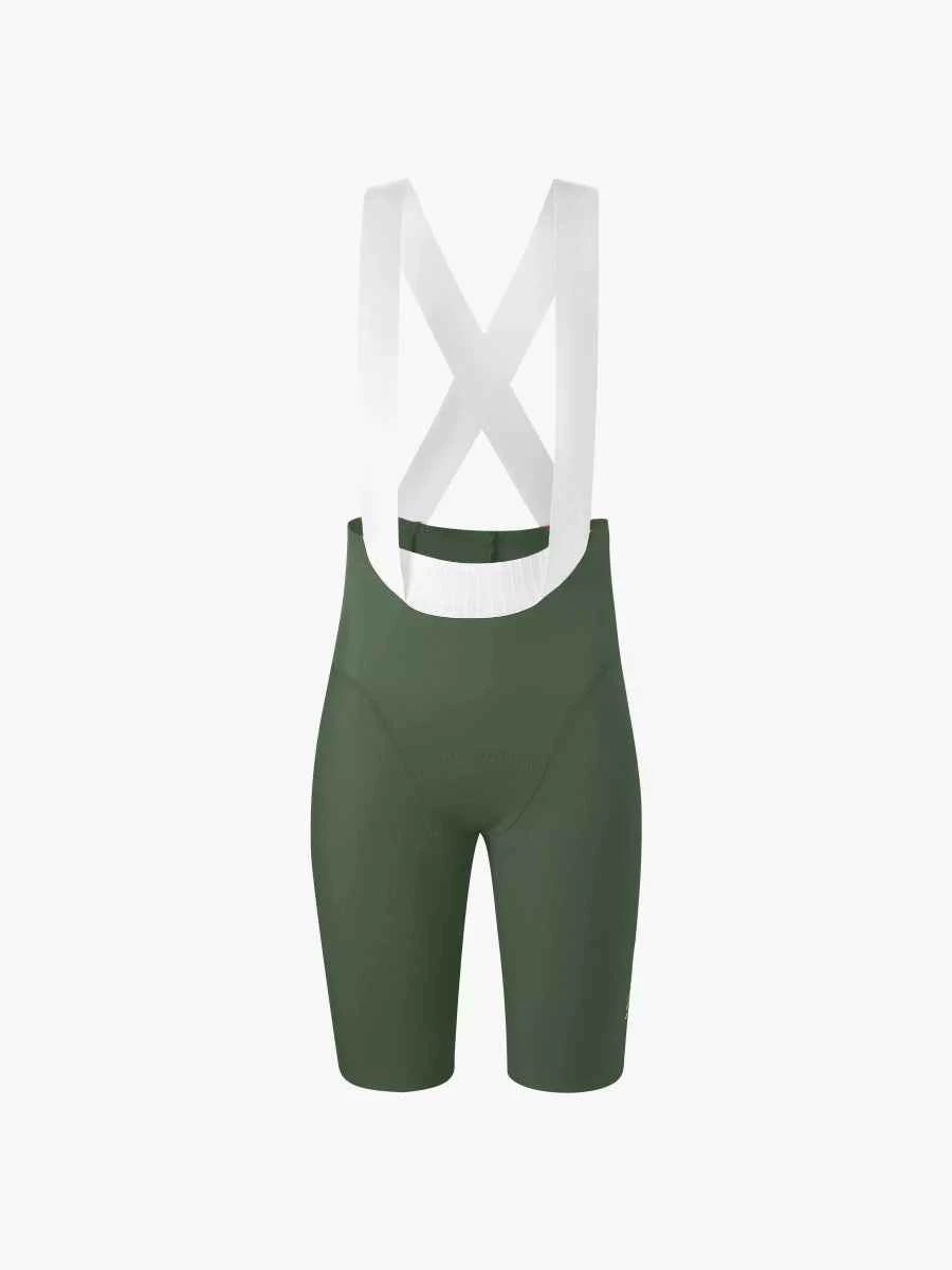 Damernas pro bib shorts 2025sss520 grön med vita x-formade axelband med elastic interface® vaddering och upf50+ solskydd