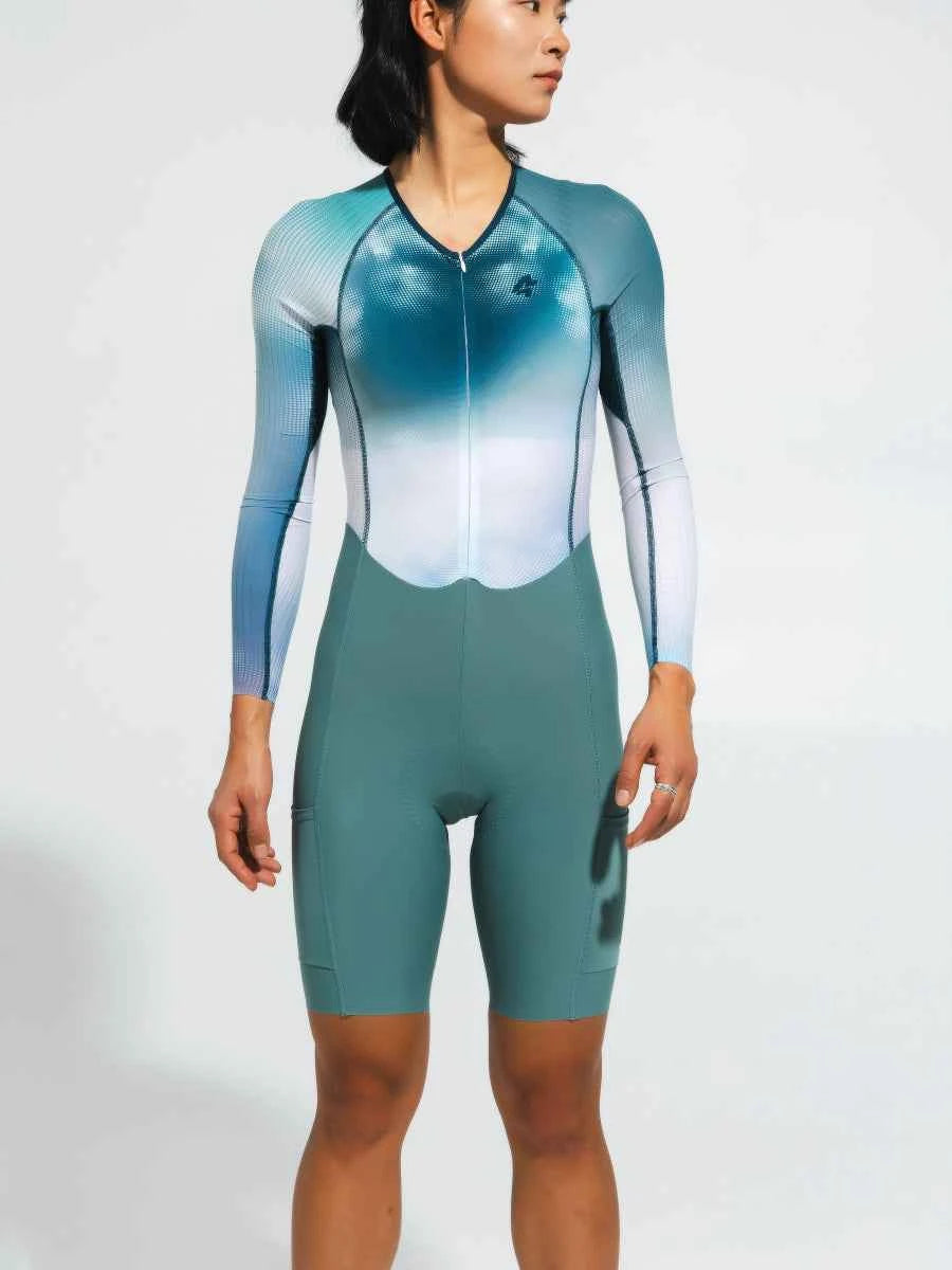 Kvinnors professionell cykelskinsuit 2024SSS5228 i blågrön-vit gradient med texturerad överdel och slät underdel