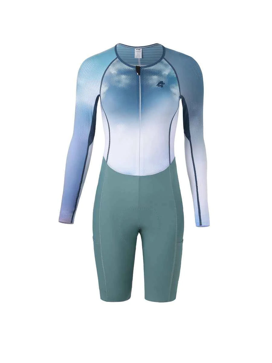 Damernas professionella cykelskinsuit 2024sss5228 i blå har ett strömlinjeformat långärmat design med blåvit gradient och blågröna shorts