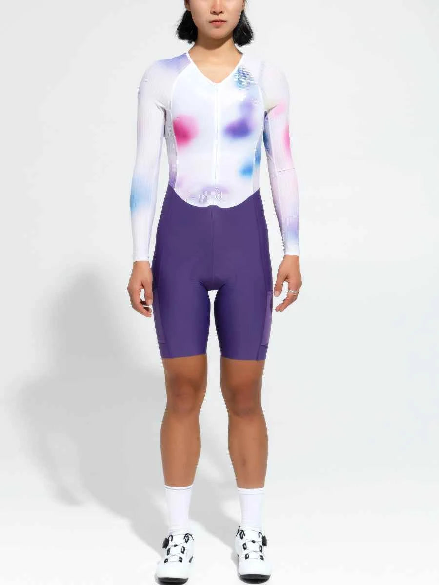 Kvinnors pro cykelskinsuit 2024SSS5228 med vit lila rosa tie-dye topp och enfärgad djup lila shorts