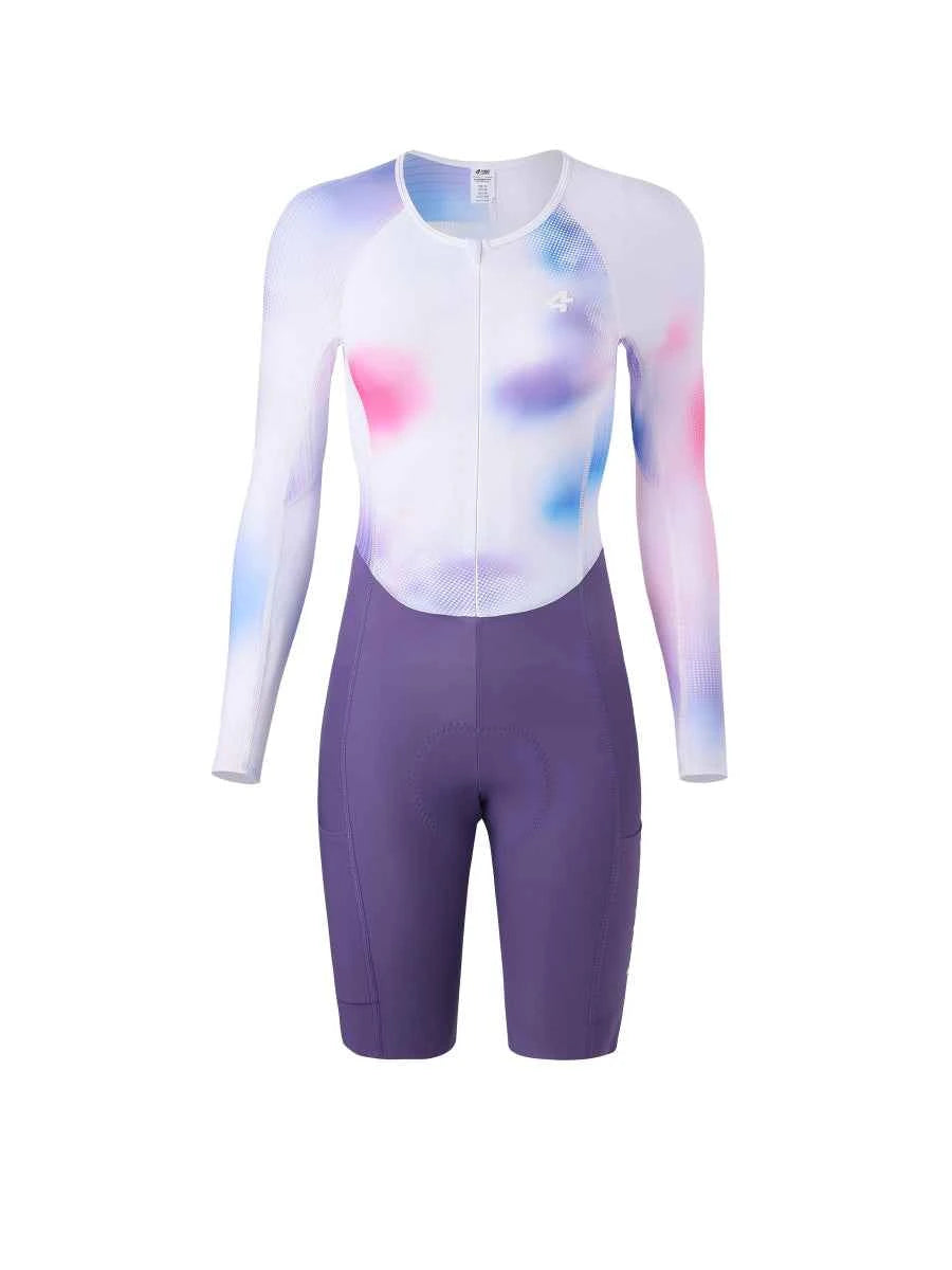 Damernas pro cykelskinsuit 2024sss5228 lila med vit överdel, pastellabstrakta stänk, nätbröstpanel och lila shorts