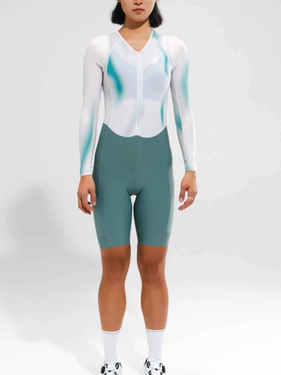 Damernas proffscykelskinsuit 2024sss5228 i vit och blågrön gradient med långa ärmar och V-hals med blixtlås för proffscykling