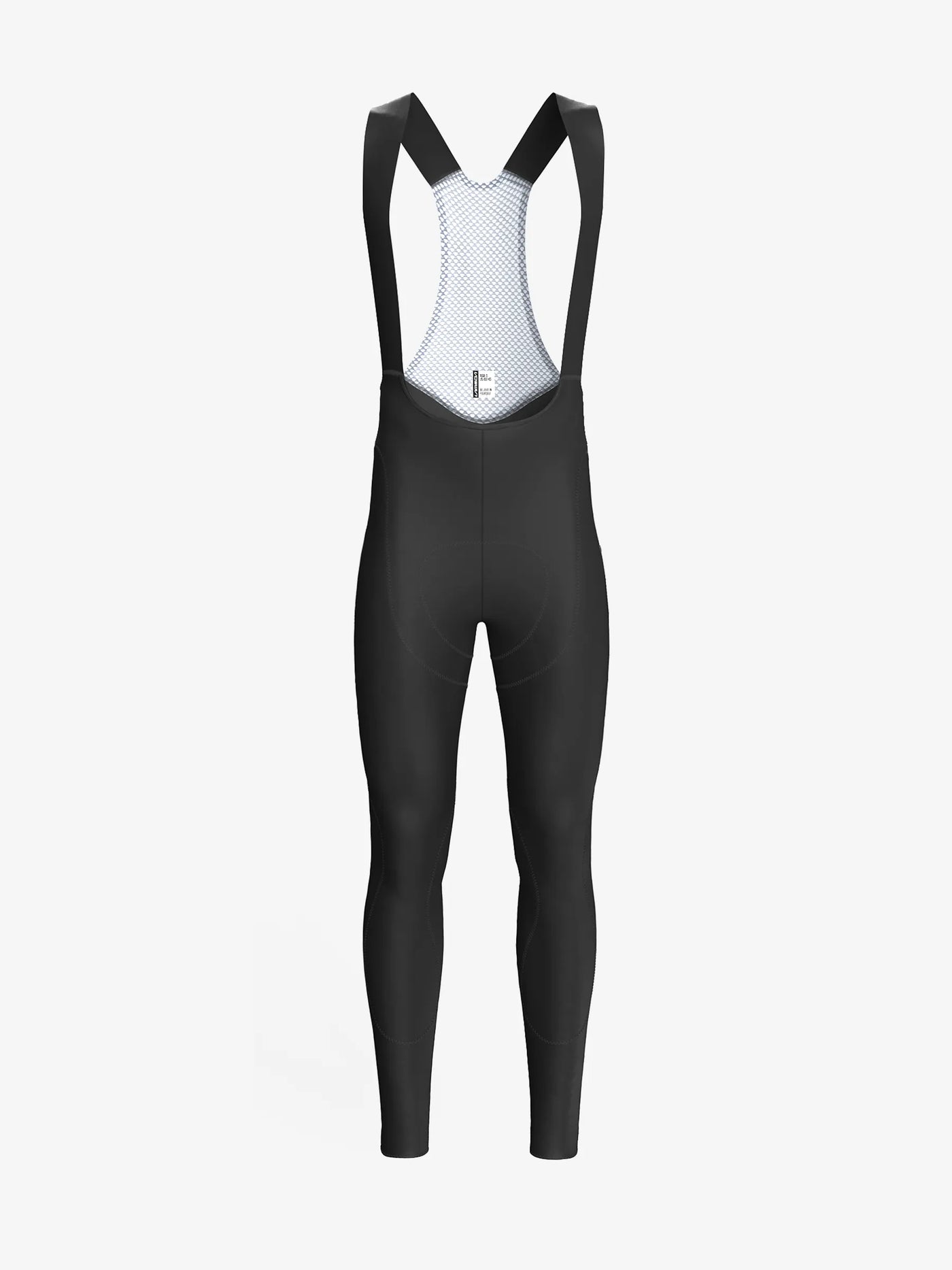Men’s double layer thermal fleeced black cycling bib tights with white mesh back panel and padded shoulder straps